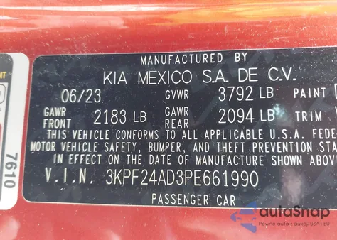 2023 Kia Forte Lxs from USA, damaged, VIN 3KPF24AD3PE661990